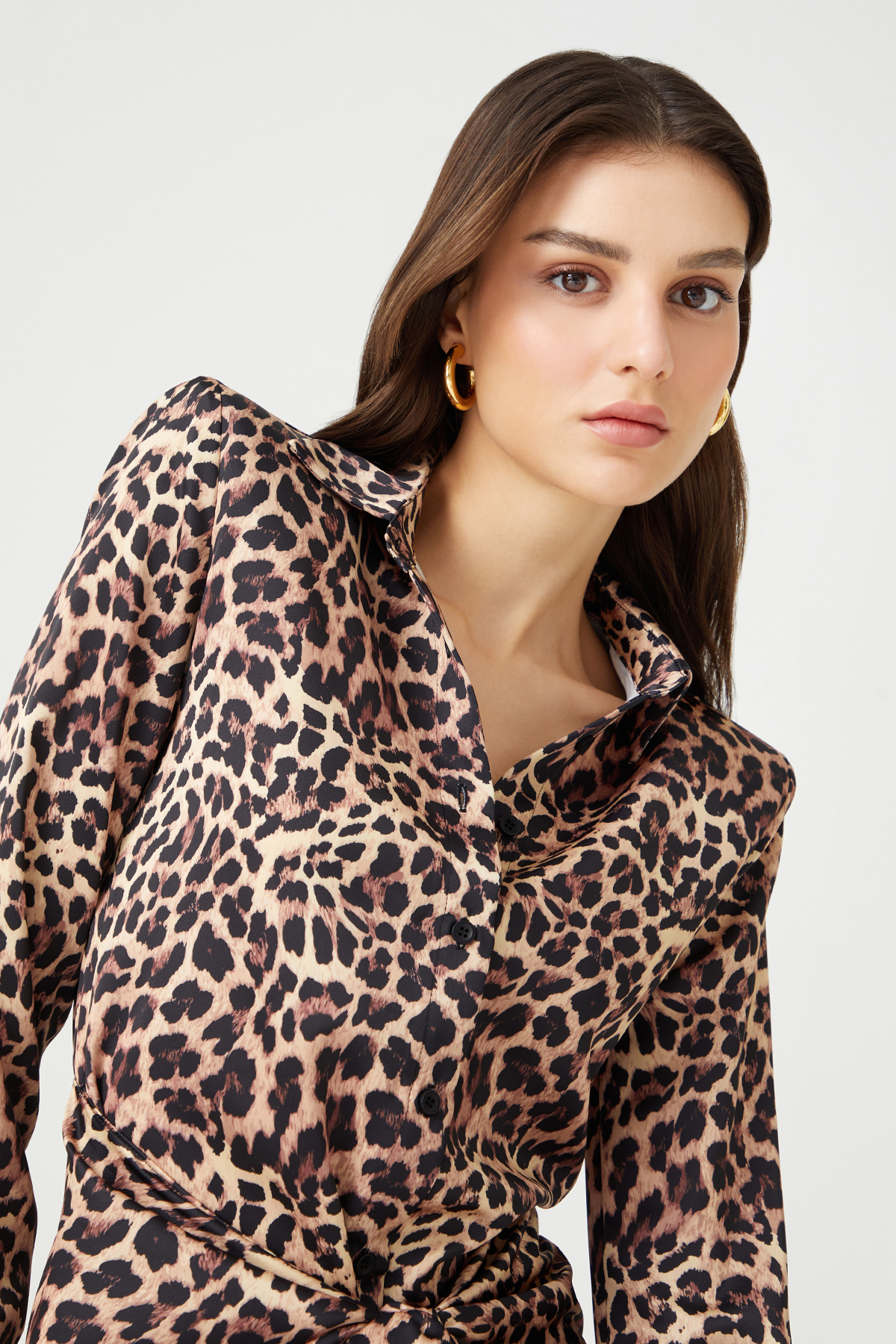 PORTA Satin Leopard Mini Shirt Dress